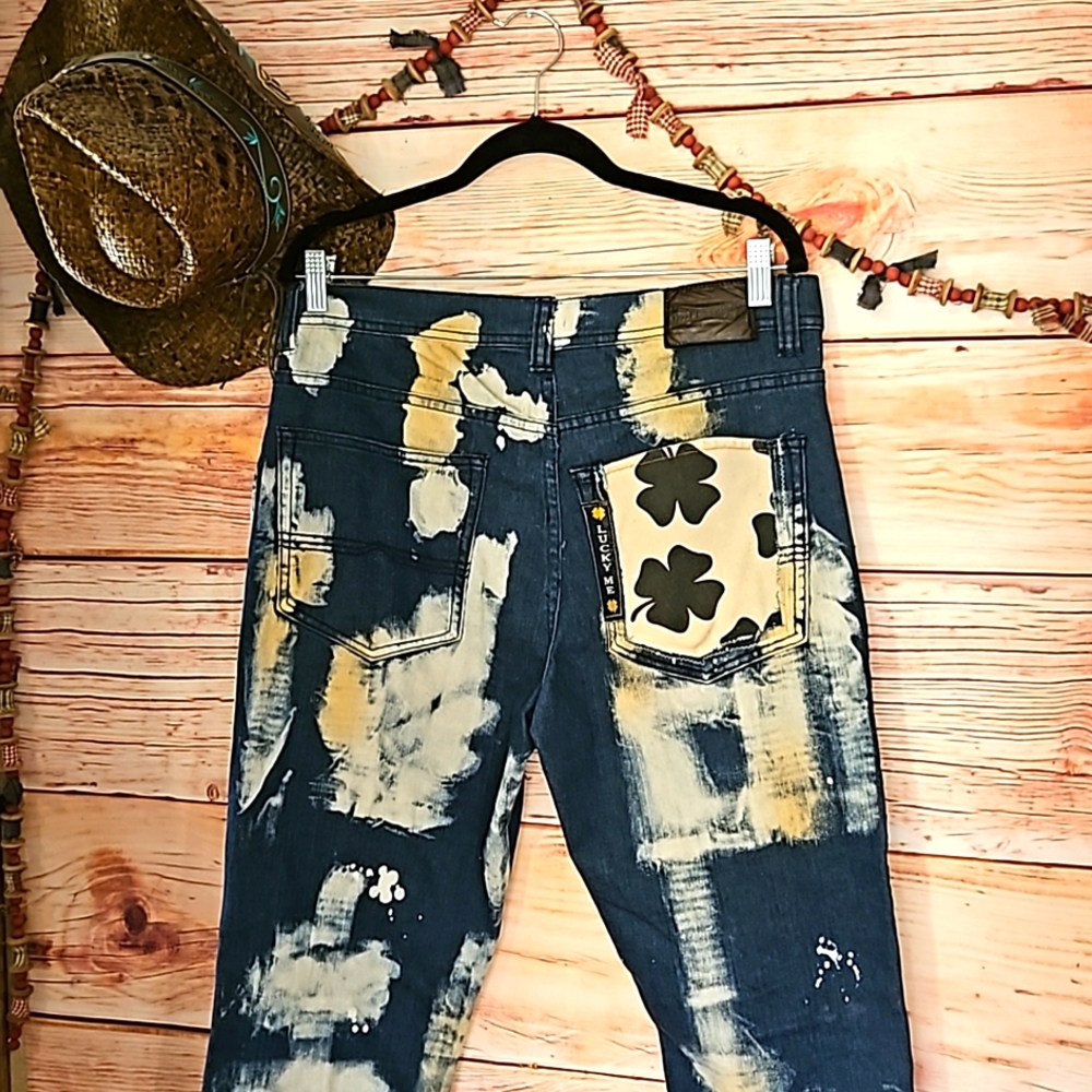 HANDMADE~EMBELLISHED "One Kind Denim" Bleached, Patched, Embroidered HIPPIE Jean - Picture 9 of 12